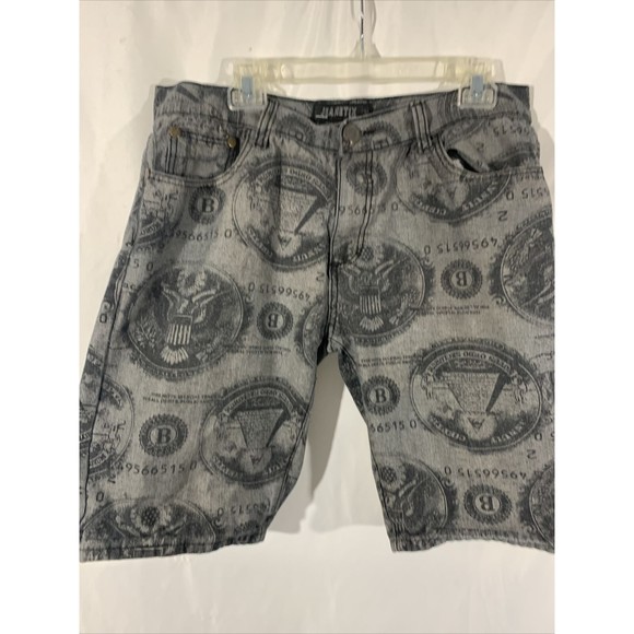Jeanetix Blue Jean Shorts Sz 38 Money Logo All Over Print - Picture 2 of 10